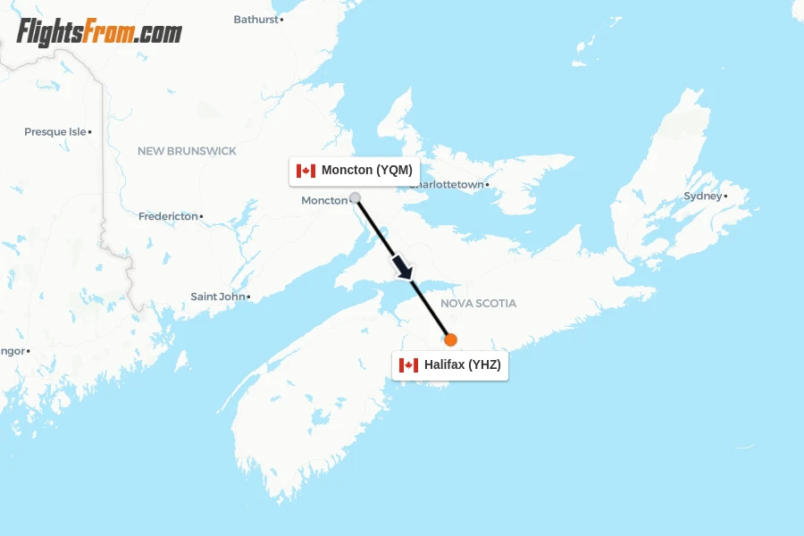 Flights from Moncton to Halifax route map