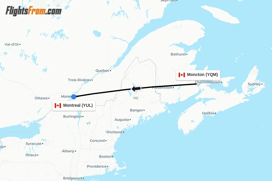 Flights from Moncton to Montreal route map