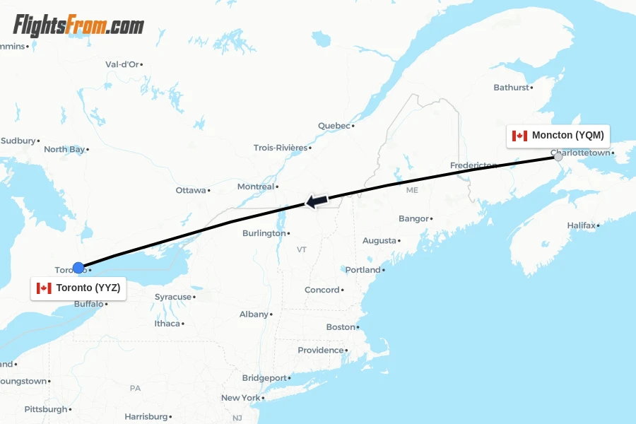 Flights from Moncton to Toronto route map