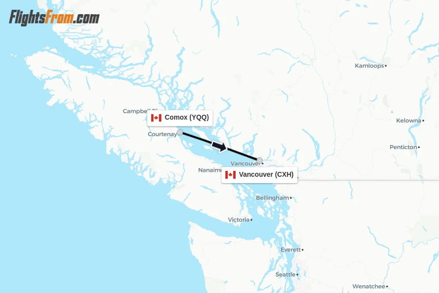 Flights from Comox to Vancouver route map