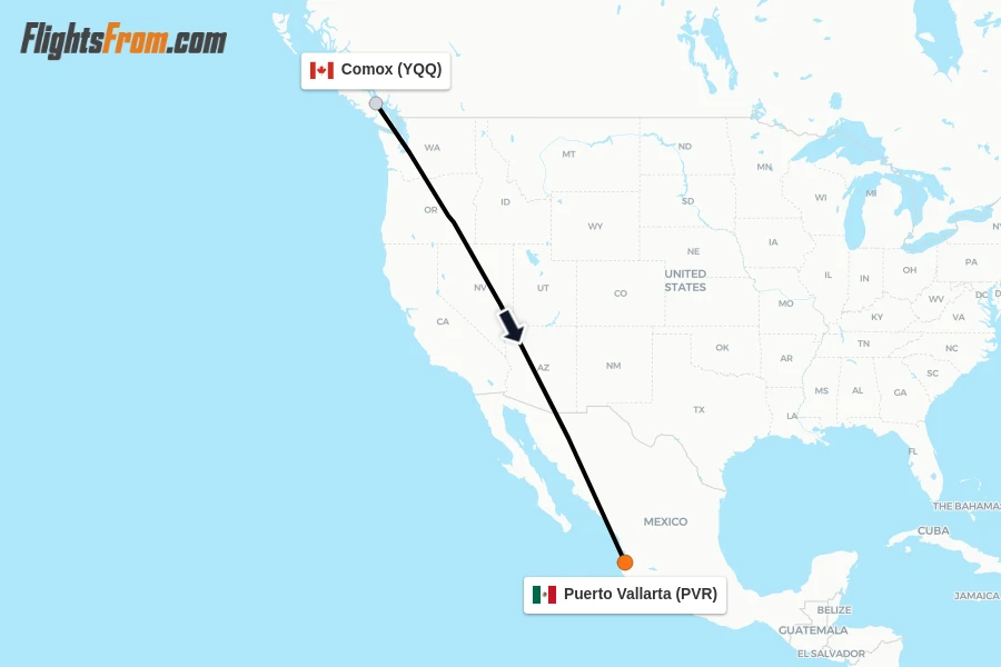 Flights from Comox to Puerto Vallarta route map