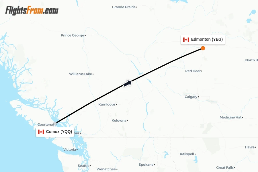 Flights from Comox to Edmonton route map
