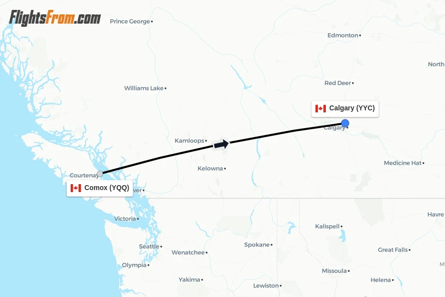 Flights from Comox to Calgary route map