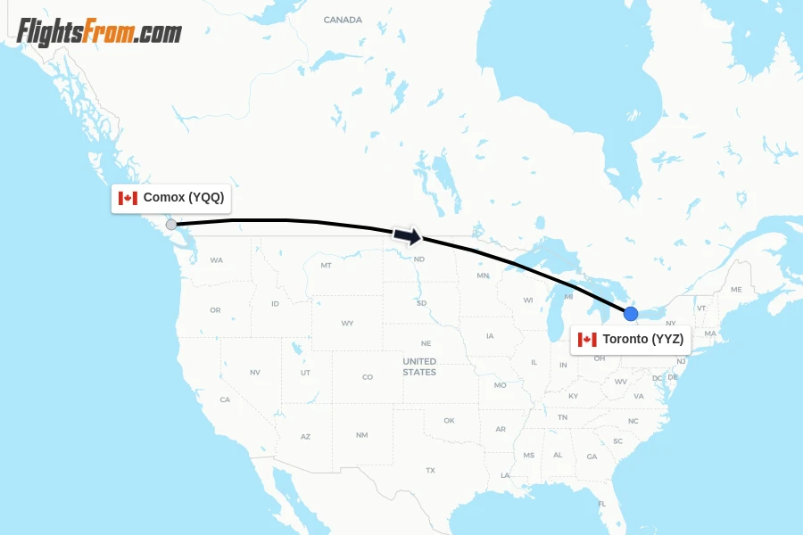 Flights from Comox to Toronto route map
