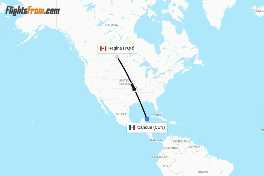 Flights from Regina to Cancun route map