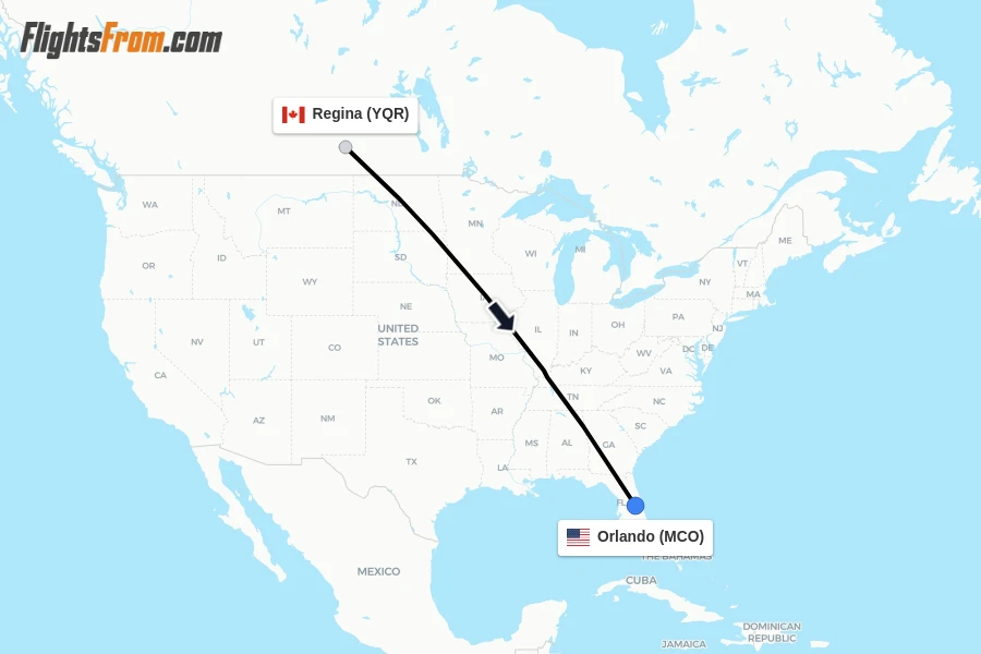 Flights from Regina to Orlando route map