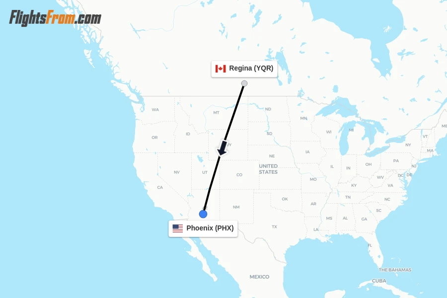 Flights from Regina to Phoenix route map