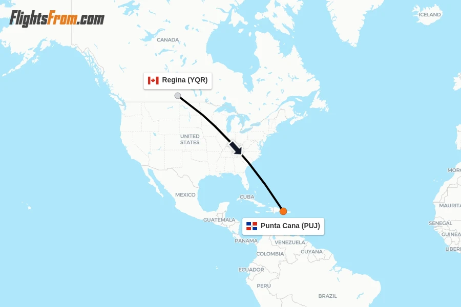 Flights from Regina to Punta Cana route map