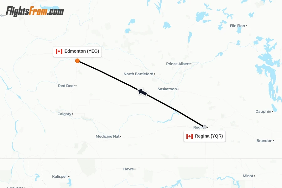 Flights from Regina to Edmonton route map