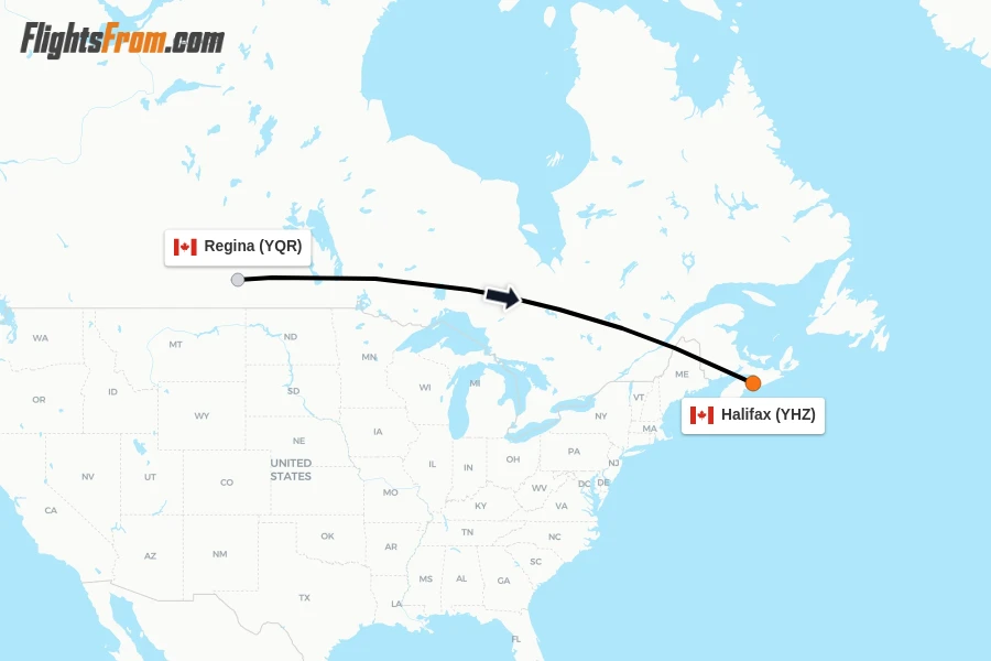 Flights from Regina to Halifax route map
