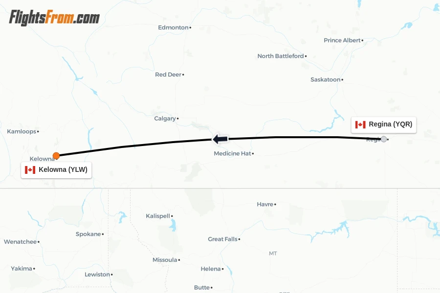Flights from Regina to Kelowna route map