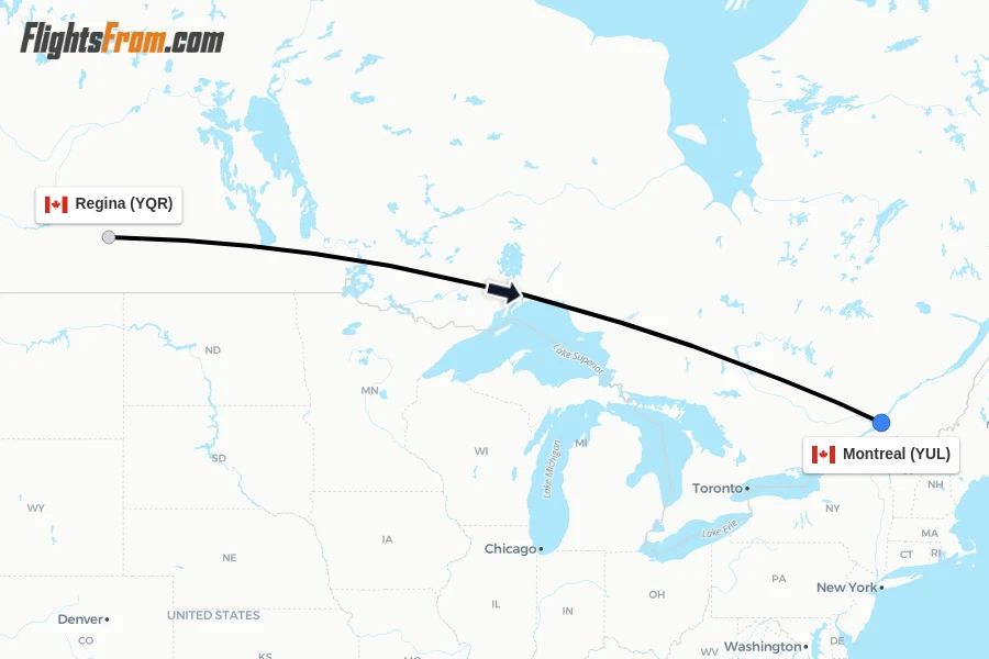 Flights from Regina to Montreal route map
