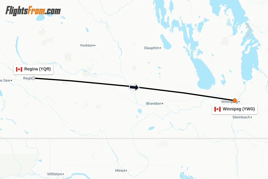 Flights from Regina to Winnipeg route map