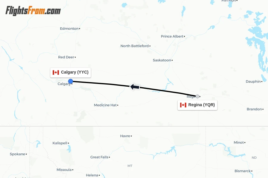 Flights from Regina to Calgary route map