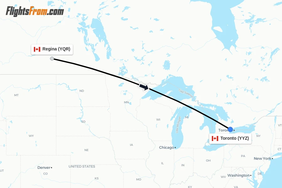 Flights from Regina to Toronto route map