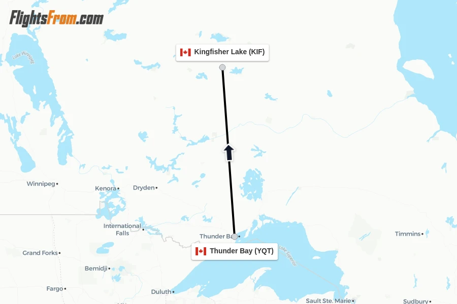 Flights from Thunder Bay to Kingfisher Lake route map