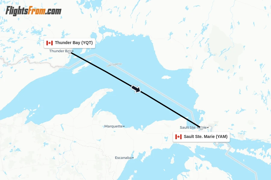 Flights from Thunder Bay to Sault Ste. Marie route map