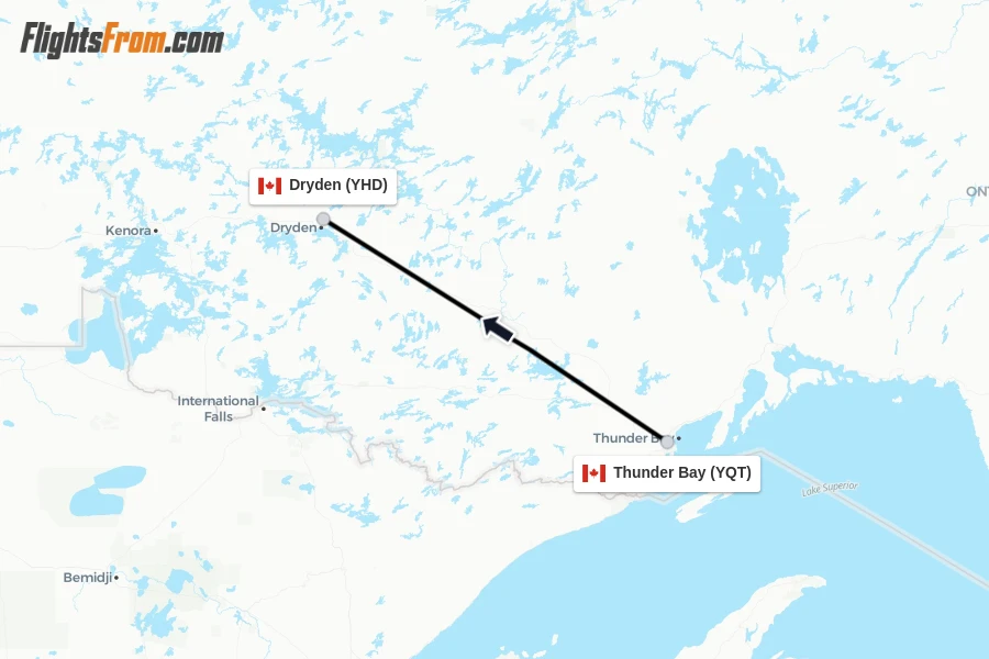 Flights from Thunder Bay to Dryden route map