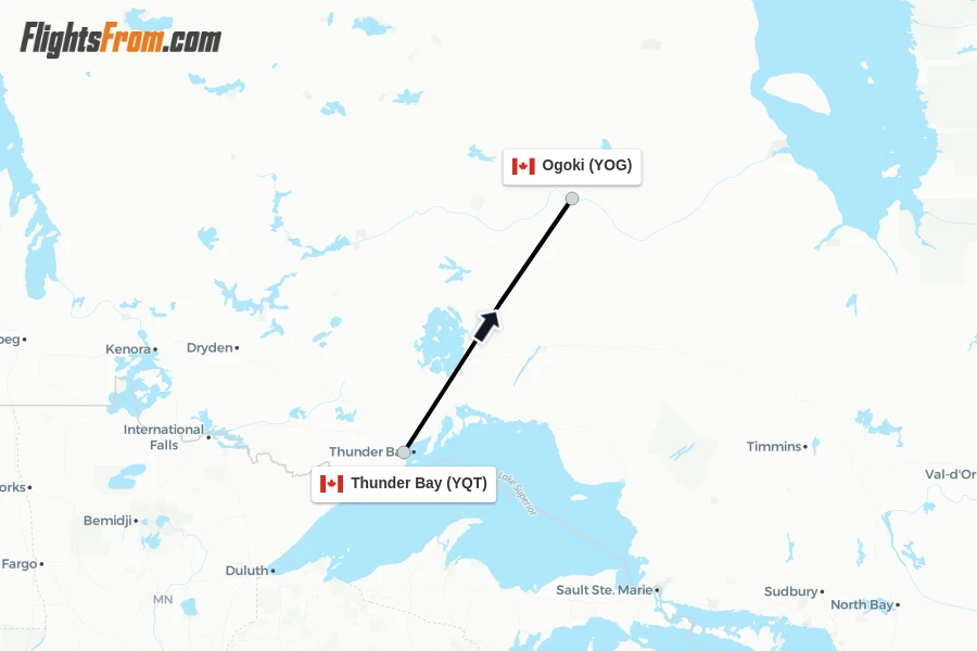Flights from Thunder Bay to Ogoki route map