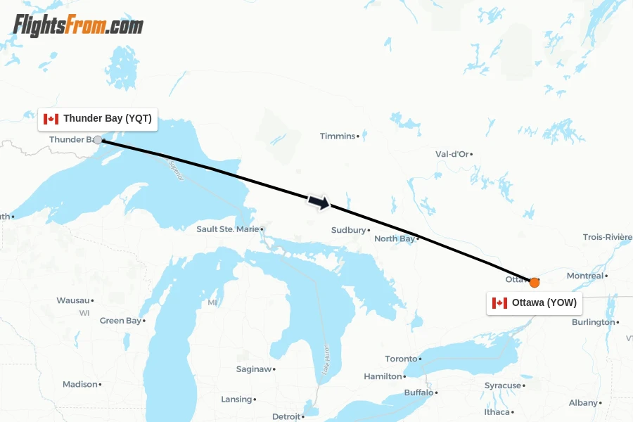 Flights from Thunder Bay to Ottawa route map