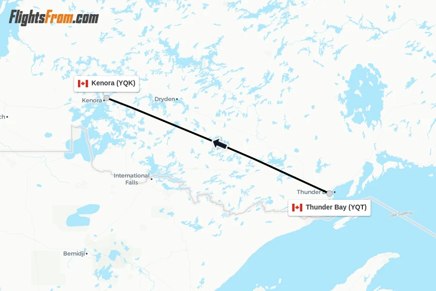 Flights from Thunder Bay to Kenora route map
