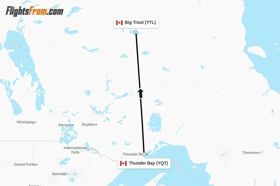 Flights from Thunder Bay to Big Trout route map