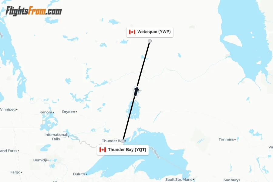 Flights from Thunder Bay to Webequie route map