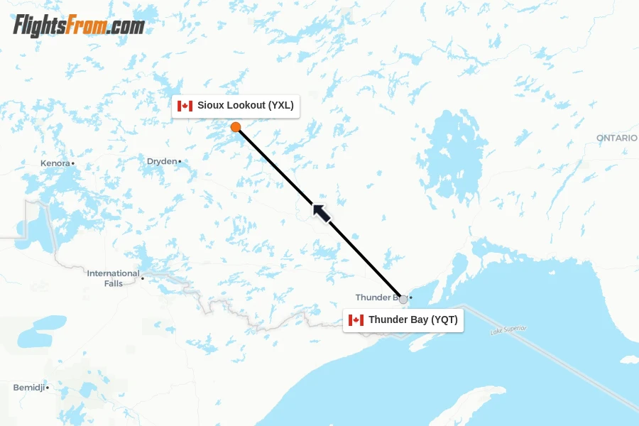 Flights from Thunder Bay to Sioux Lookout route map