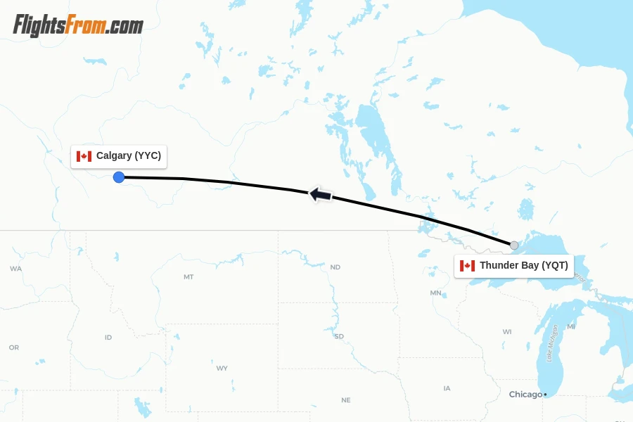 Flights from Thunder Bay to Calgary route map