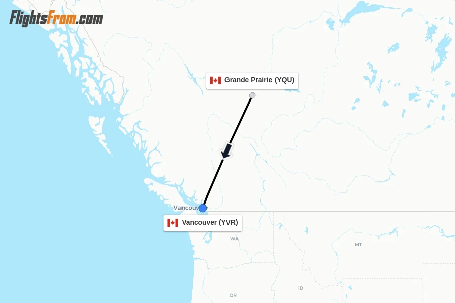 Flights from Grande Prairie to Vancouver route map