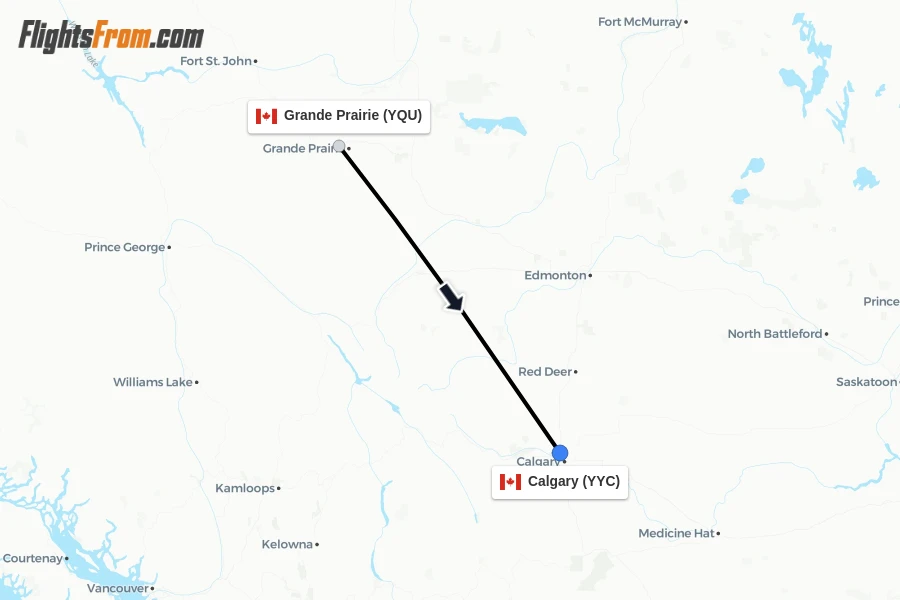 Flights from Grande Prairie to Calgary route map