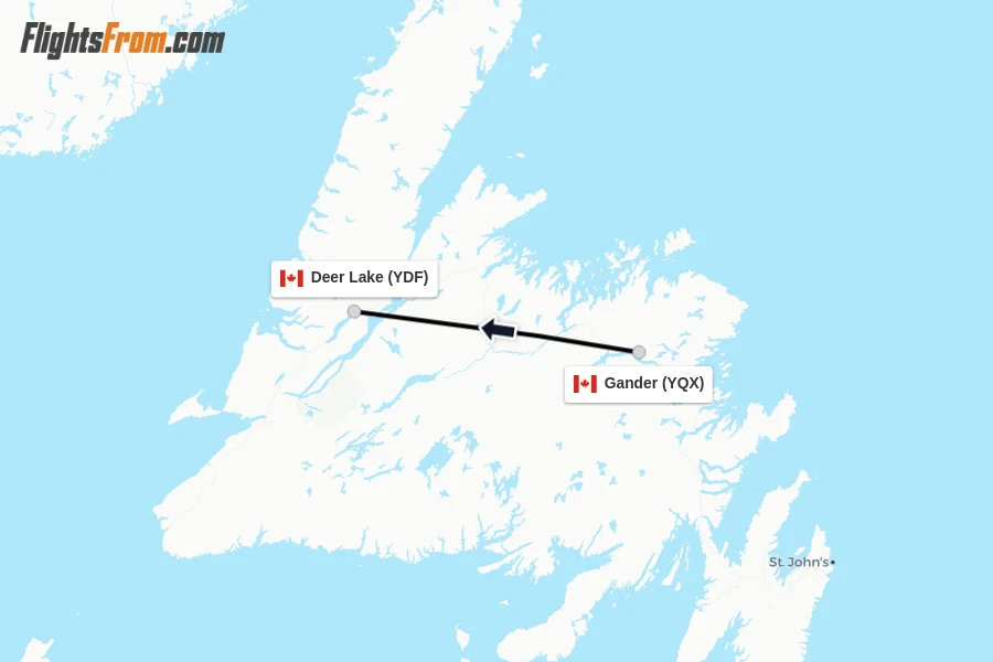 Flights from Gander to Deer Lake route map