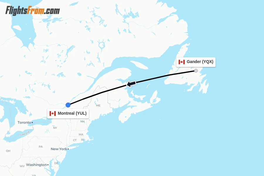 Flights from Gander to Montreal route map