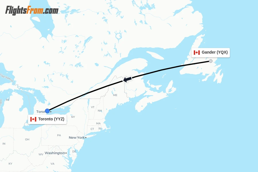 Flights from Gander to Toronto route map