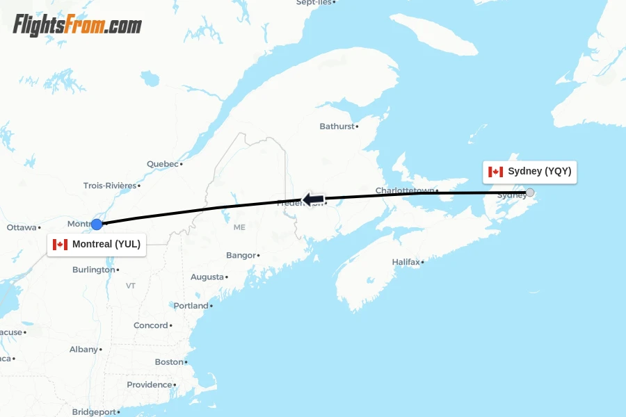 Flights from Sydney to Montreal route map