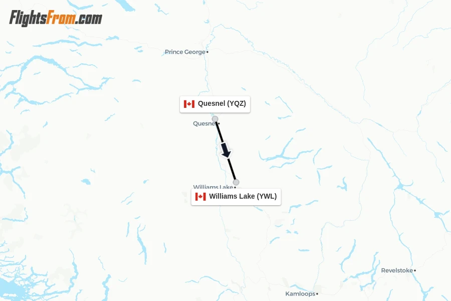 Flights from Quesnel to Williams Lake route map