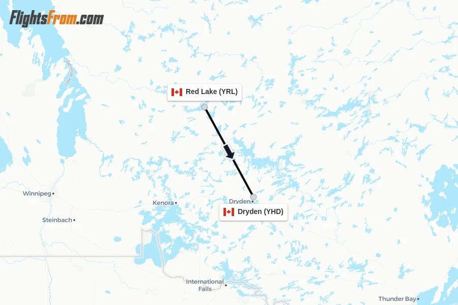 Flights from Red Lake to Dryden route map