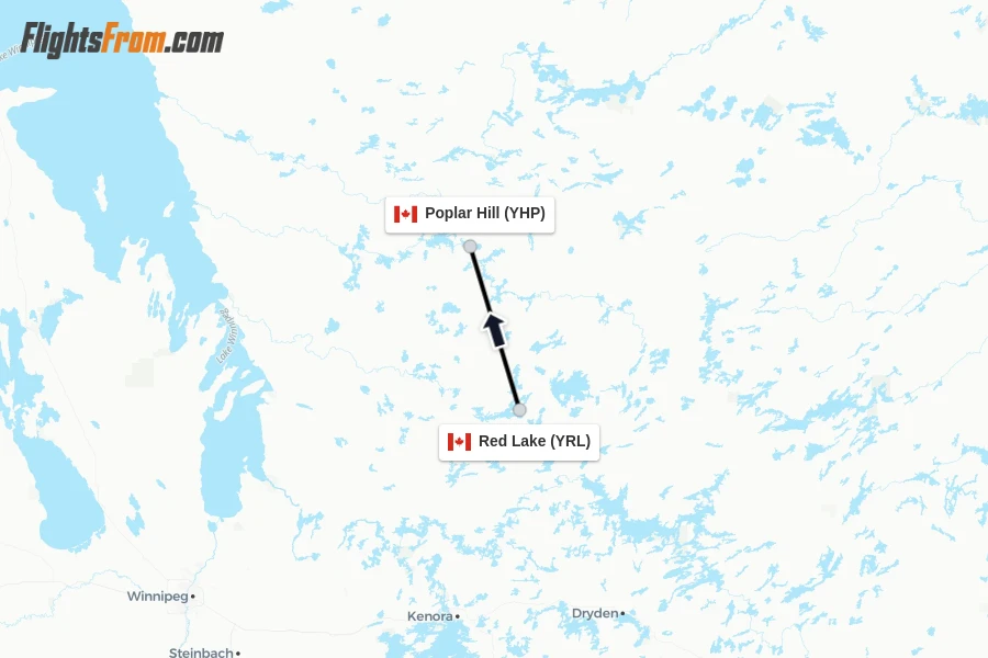 Flights from Red Lake to Poplar Hill route map