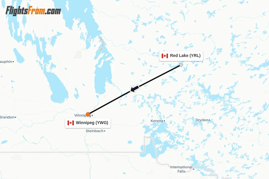 Flights from Red Lake to Winnipeg route map