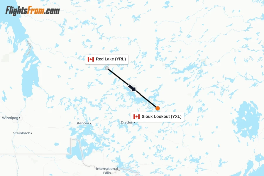 Flights from Red Lake to Sioux Lookout route map