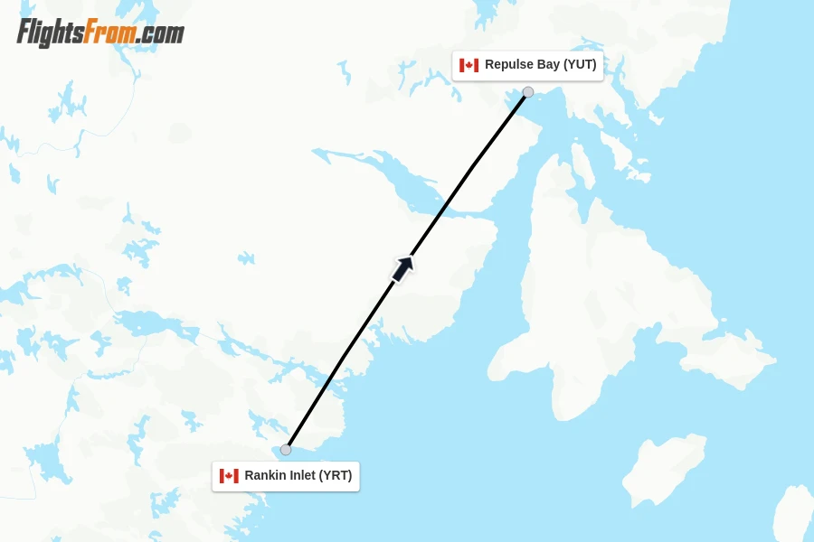 Flights from Rankin Inlet to Repulse Bay route map