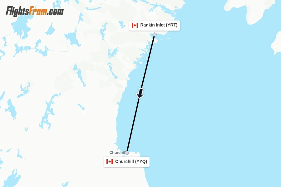 Flights from Rankin Inlet to Churchill route map
