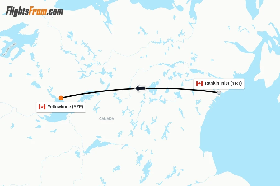 Flights from Rankin Inlet to Yellowknife route map
