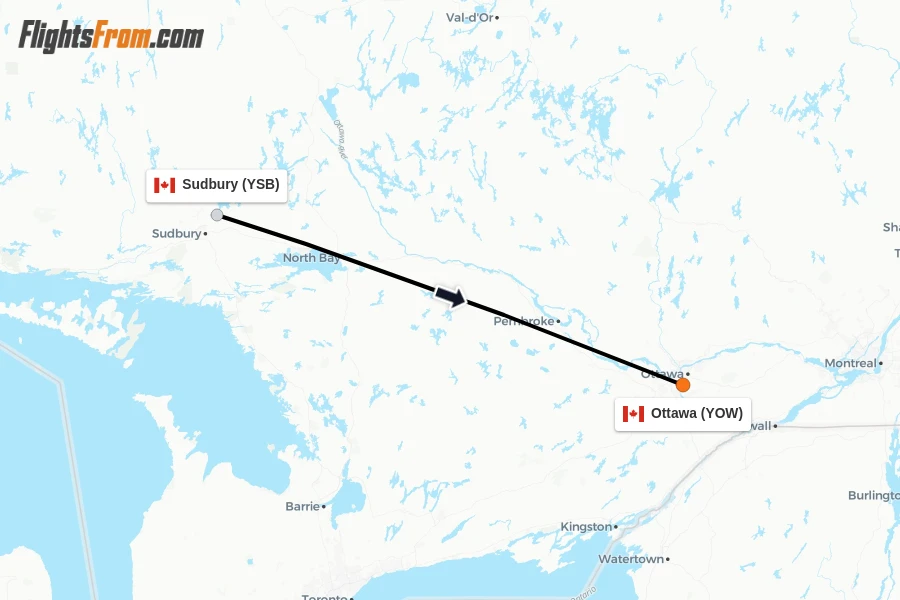 Flights from Sudbury to Ottawa route map