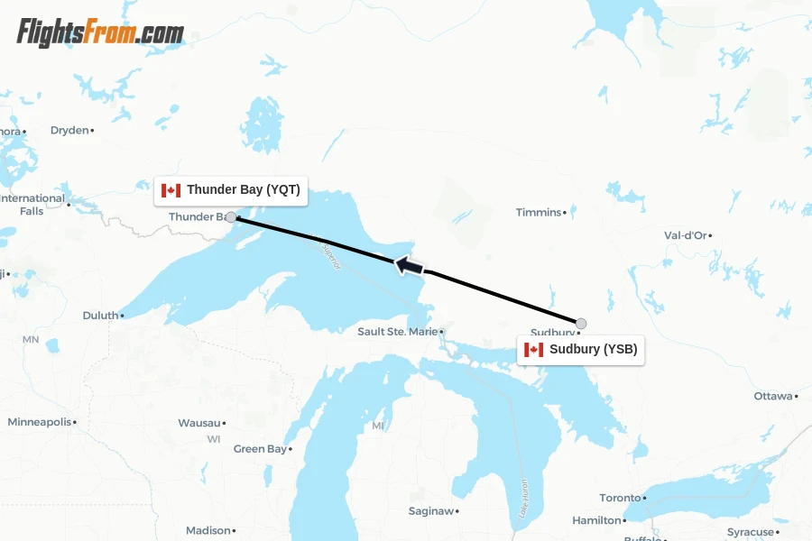 Flights from Sudbury to Thunder Bay route map