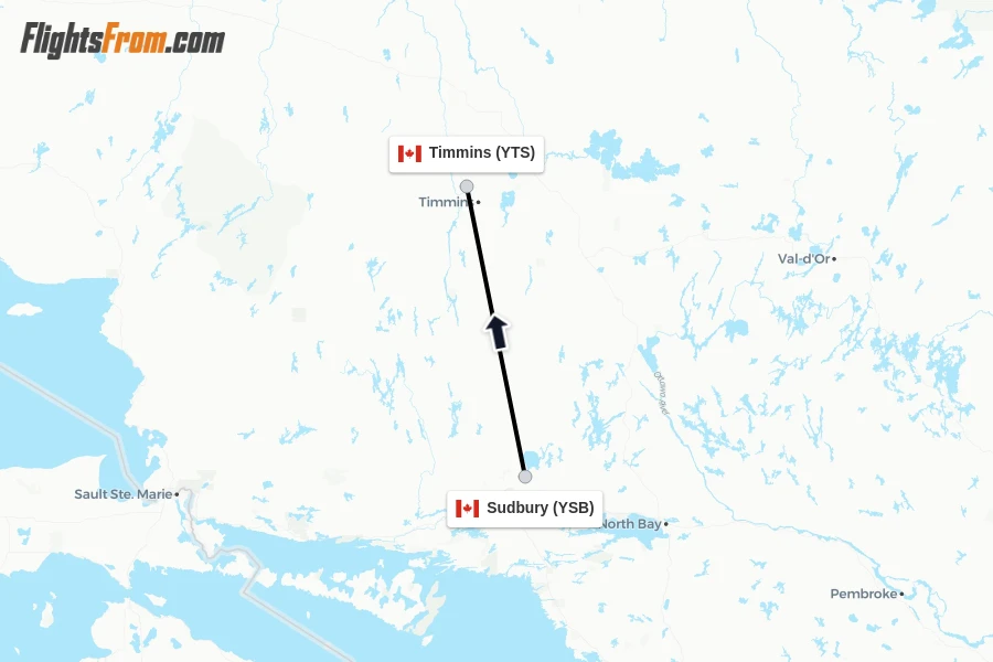 Flights from Sudbury to Timmins route map