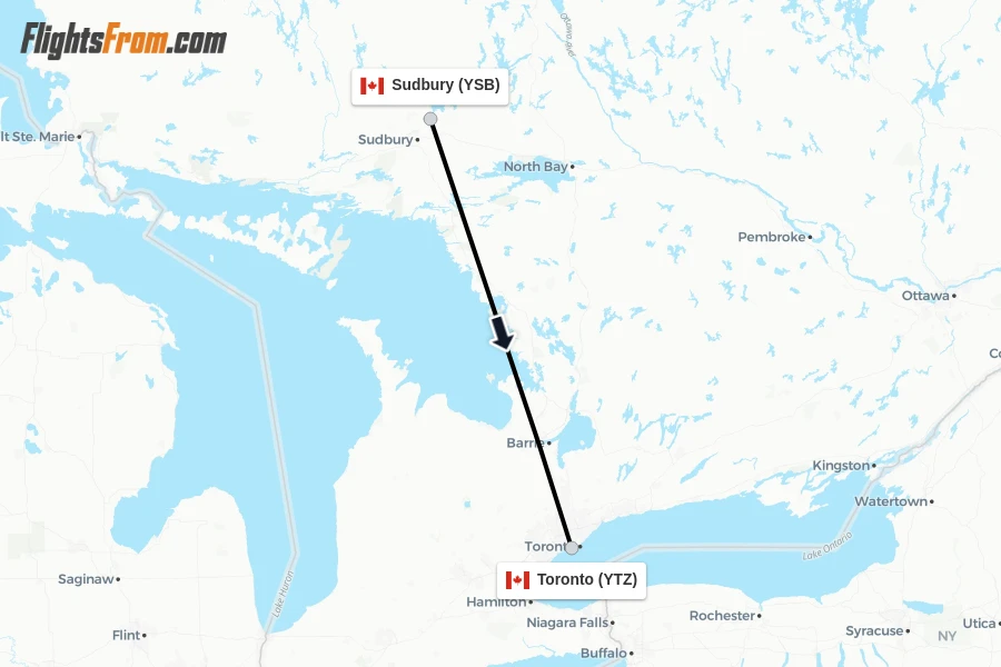 Flights from Sudbury to Toronto route map