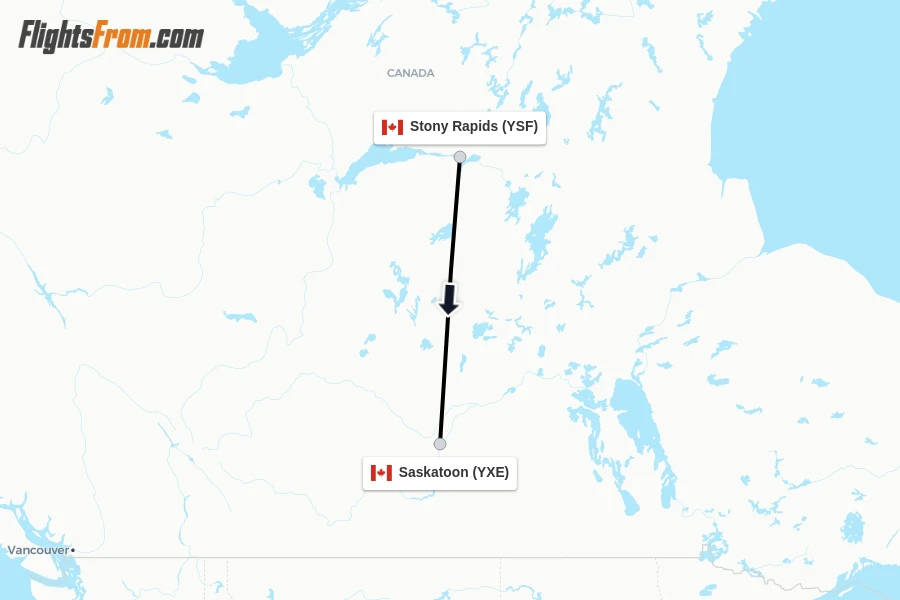 Flights from Stony Rapids to Saskatoon route map