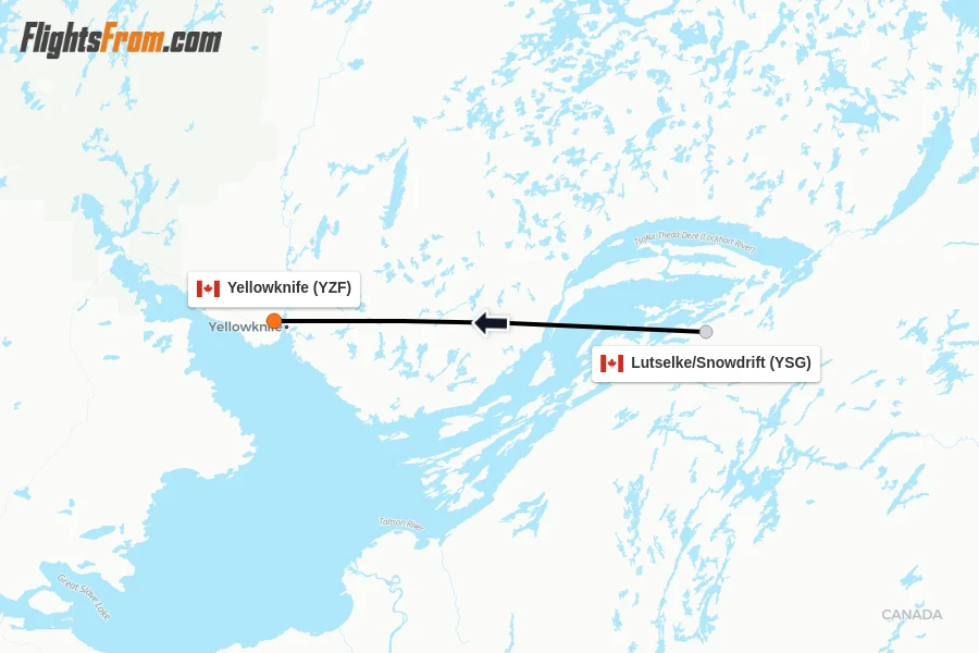 Flights from Lutselke/Snowdrift to Yellowknife route map