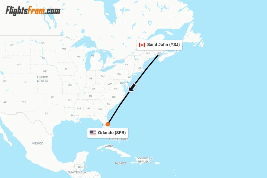 Flights from Saint John to Orlando route map